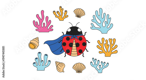 Ladybug Superhero with Coral Reef and Seashells Illustration.
