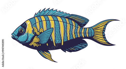 Tropical Reef Fish Illustration Blue and Yellow Striped Cichlid Vector Graphic Design Element