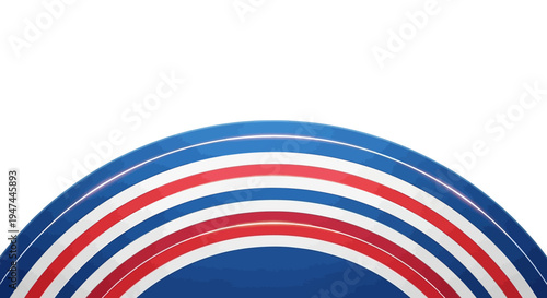 A vibrant illustration of a rainbow-colored arc design with red, white and blue stripes on a white background, symbolizing happy independence day in the USA.