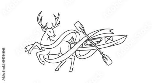 Line art of deer, kayak, and paddle illustration.