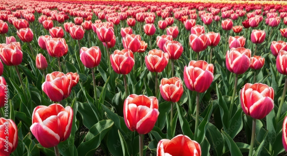 Obraz premium Red and white tulips in a field