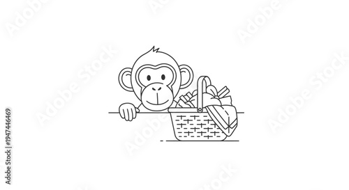Monkey with a Basket - A Charming Line Art Illustration.