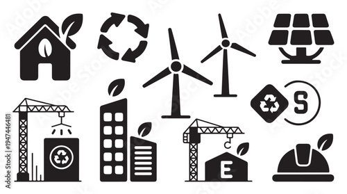 Sustainable energy and green building construction icon set for environmental development