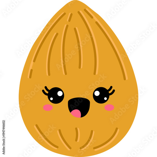 A cute cartoon almond with a face and eyelashes is smiling
