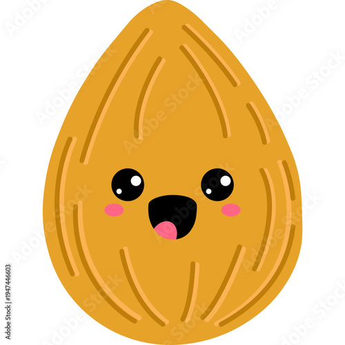 A cute cartoon illustration of a smiling nut with rosy cheeks.
