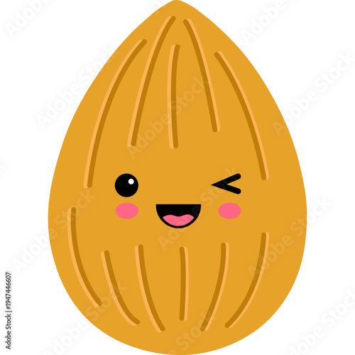 A cute cartoon walnut with a smiling face winks at the viewer.