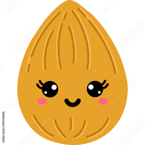 A cute cartoon almond with smiling face and rosy cheeks appears happy
