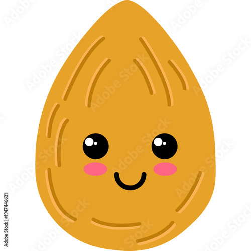 A smiling cartoon mango with rosy cheeks and big eyes appears happy.