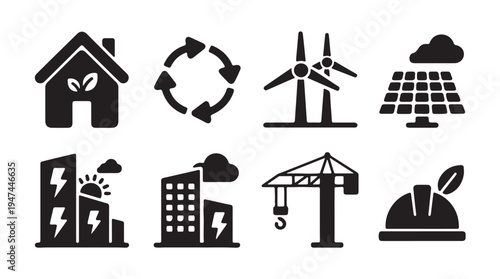 Eco friendly architecture building design and sustainable energy vector icons set