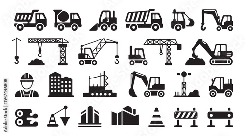 Heavy construction machinery fleet icons featuring excavators cranes and transport trucks