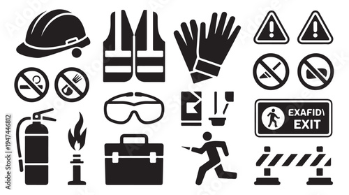 Industrial safety icons vector set, personal protective equipment and occupational hazard signs