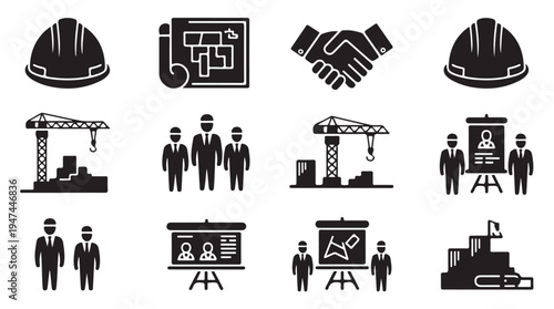 Construction and business icons set vector, building industry and teamwork concept silhouettes