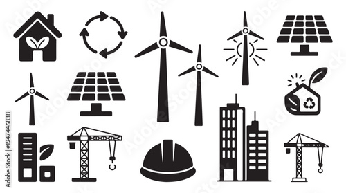 Green energy and construction icons set vector, sustainable development and renewable power silhouettes