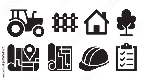 Farming and construction elements set for agriculture and building work vector graphics