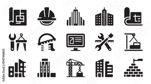 Construction site icons for building development and engineering projects vector graphics
