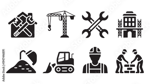 Construction workflow icons for building process tools and worker collaboration vector set