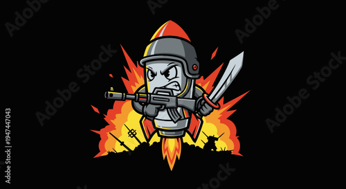 Cartoon Astronaut with Gun and Sword.
