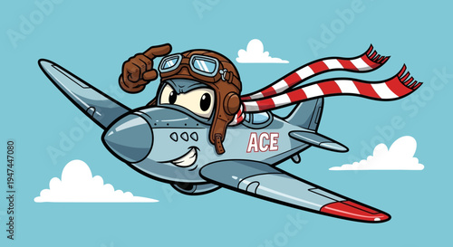 Cartoon Girl Flying Airplane with Ribbon.