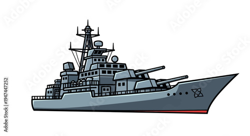 Military Warship Illustration with Guns and Radar.