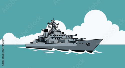 Military Warship Sailing Through the Ocean.