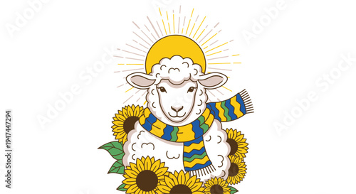 Sheep with Sunflower and Scarf Illustration.