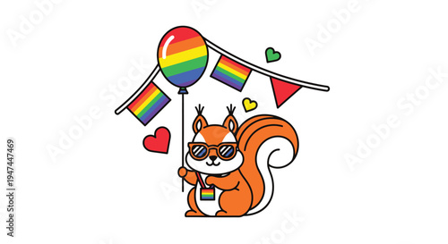 Squirrel celebrating Pride with rainbow balloon and flags, wearing sunglasses.
