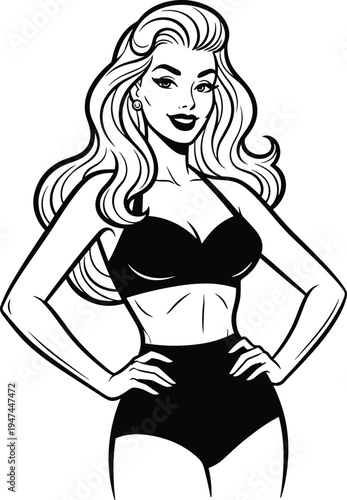 Beautiful woman swimsuit illustration, retro pinup style female character, fashion model vector drawing, stylish girl portrait design