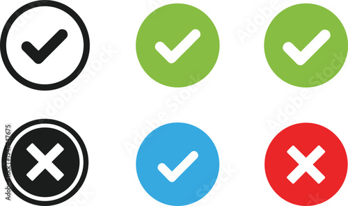 Check mark and cross icon set, approval and rejection symbols collection, colored validation signs for user interface designv