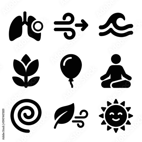 Air breathing nature and meditation black glyph icons collection.