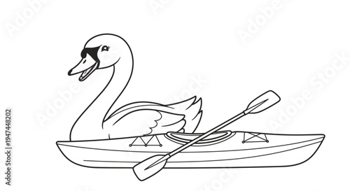 Swan-shaped boat with paddle, line art illustration.