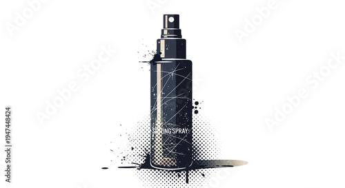 Black spray bottle with abstract paint splatters and geometric lines
