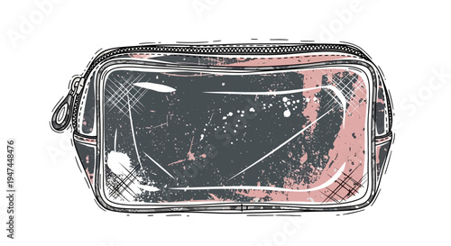 Cosmetic bag illustration, transparent pouch with distressed texture, makeup organizer