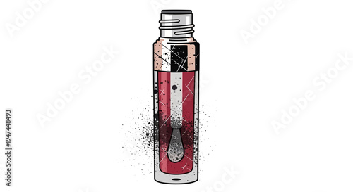 Cosmetic lip gloss bottle with red liquid and metallic cap, graphic illustration