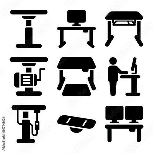 Set of ergonomic office furniture icons with adjustable standing desks.
