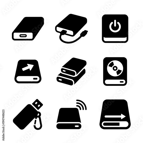 Data storage device solid glyph icon set vector illustration.