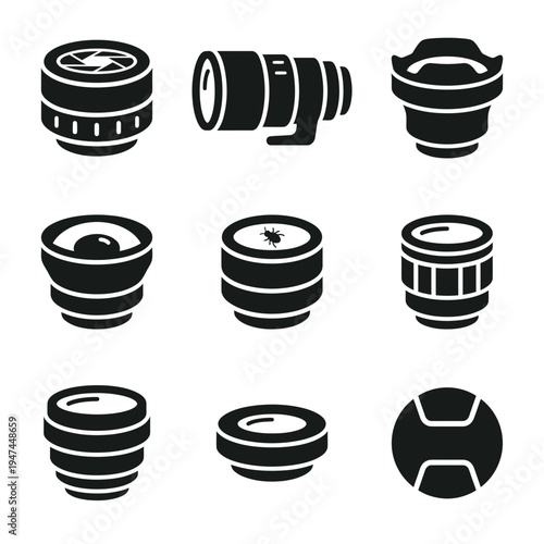 Set of black camera lens icons for photography equipment.