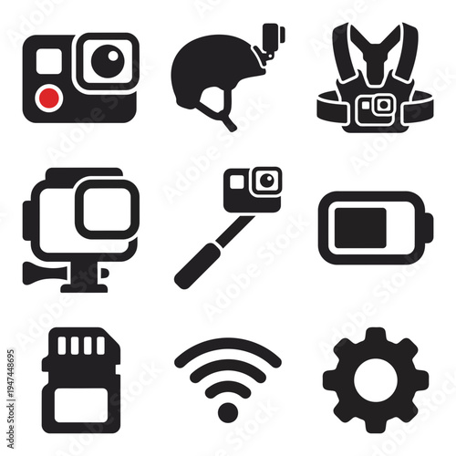 Action camera and accessories vector icon set on white background.