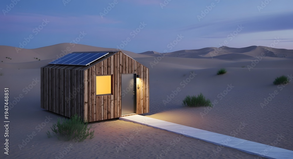 Fototapeta premium Desert Cabin with Solar Panel: Sustainable Living in a Remote Landscape