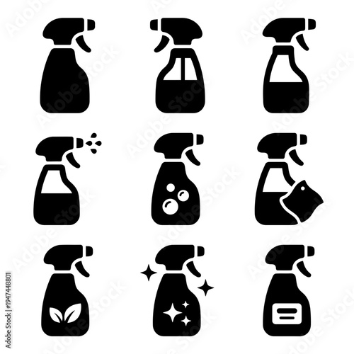 Collection of black spray bottle cleaning product icons.