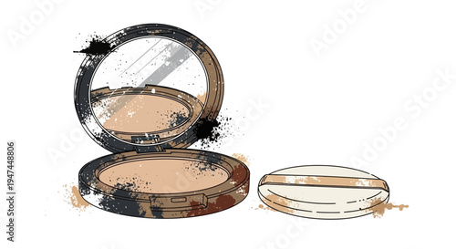 Open compact powder with mirror and puff, isolated on white background, artistic sketch style