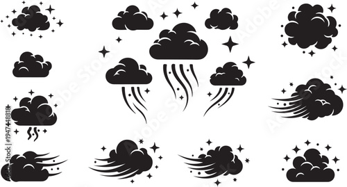 Weather Cloud Icons Set with Rain and Wind