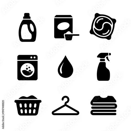 Laundry and cleaning solid glyph icons set for housework and chores.
