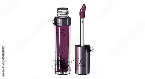Purple liquid lipstick with applicator and cap, white background, artistic splatter effect