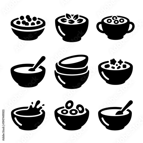 Collection of black silhouette food bowl icons for cereal and soup.