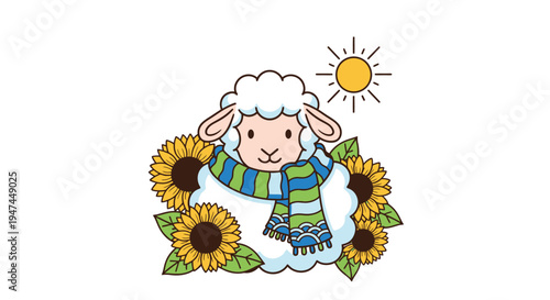 Whimsical Sheep with Scarf Surrounded by Sunflowers and Sunshine.