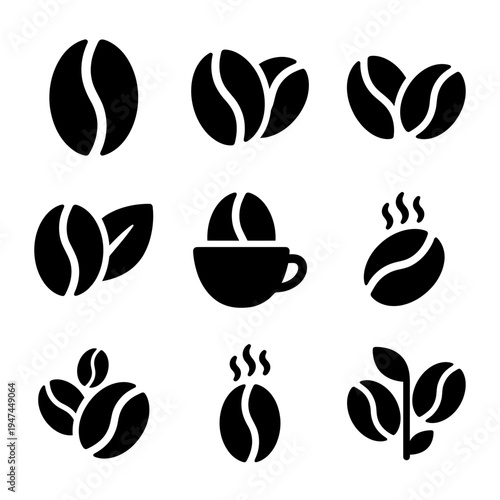 Set of black coffee bean vector icons on a white background.