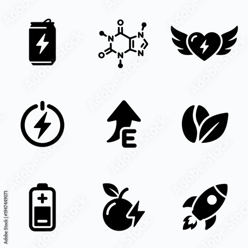 Energy and power boost black glyph icon set collection.