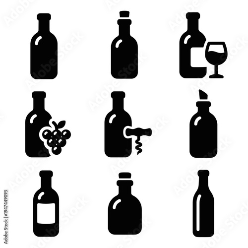 Set of black wine bottle and glass silhouette vector icons.