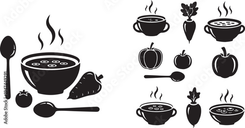 Black and white soup icons with fruit and spoons
