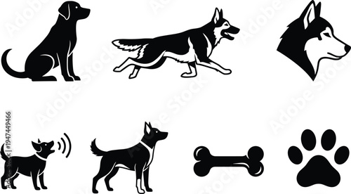 Dog silhouette icon set including sitting dog, running dog, barking dog, husky head, bone and paw print vector collection